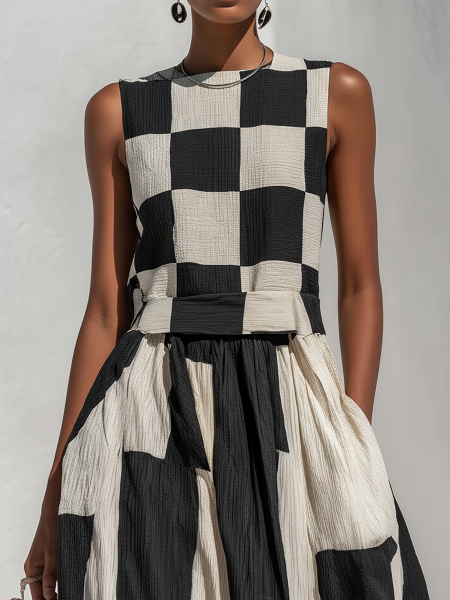 Ardenne™ Plaid and Stripe Paneling Sleeveless Maxi Dress