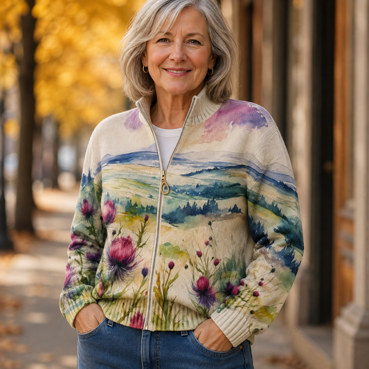 Zelda™ Scottish Thistle Landscape Zip Cardigan