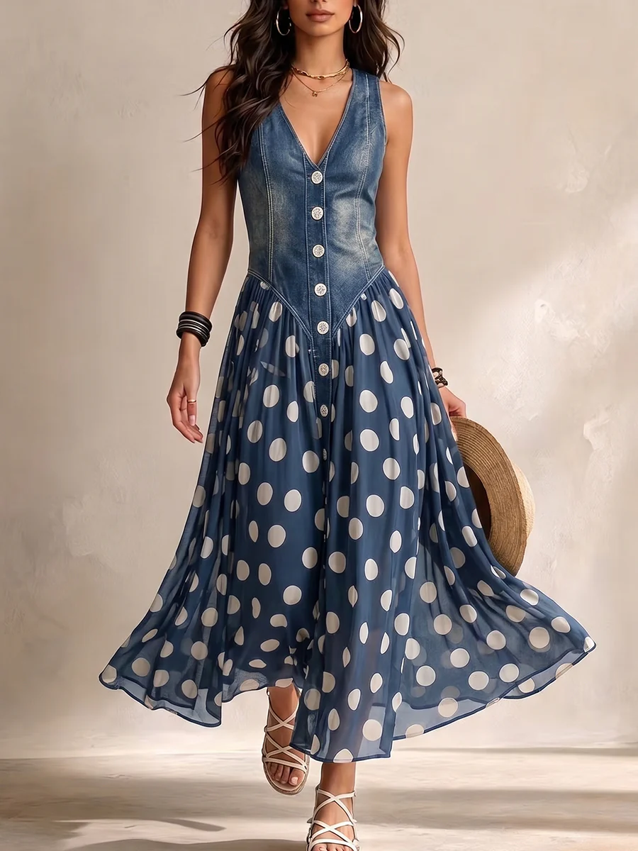 Dorothy™ | Denim & Dot Maxi Dress