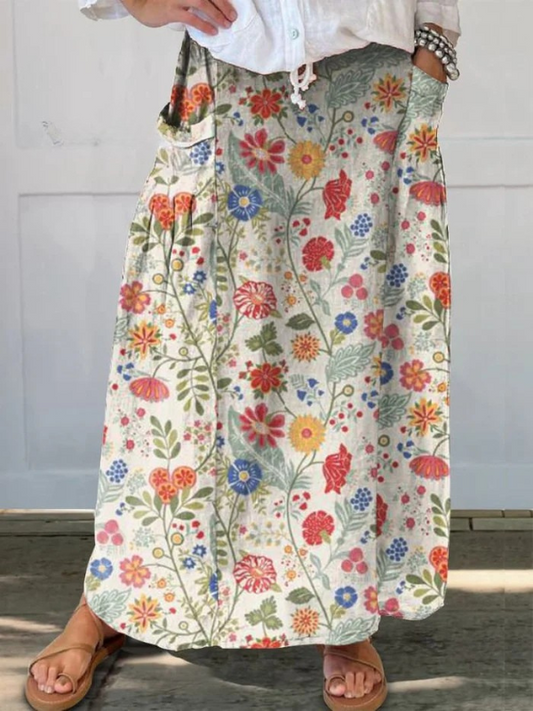 Women's Floral Print Linen Elastic waistband Pocket Skirt