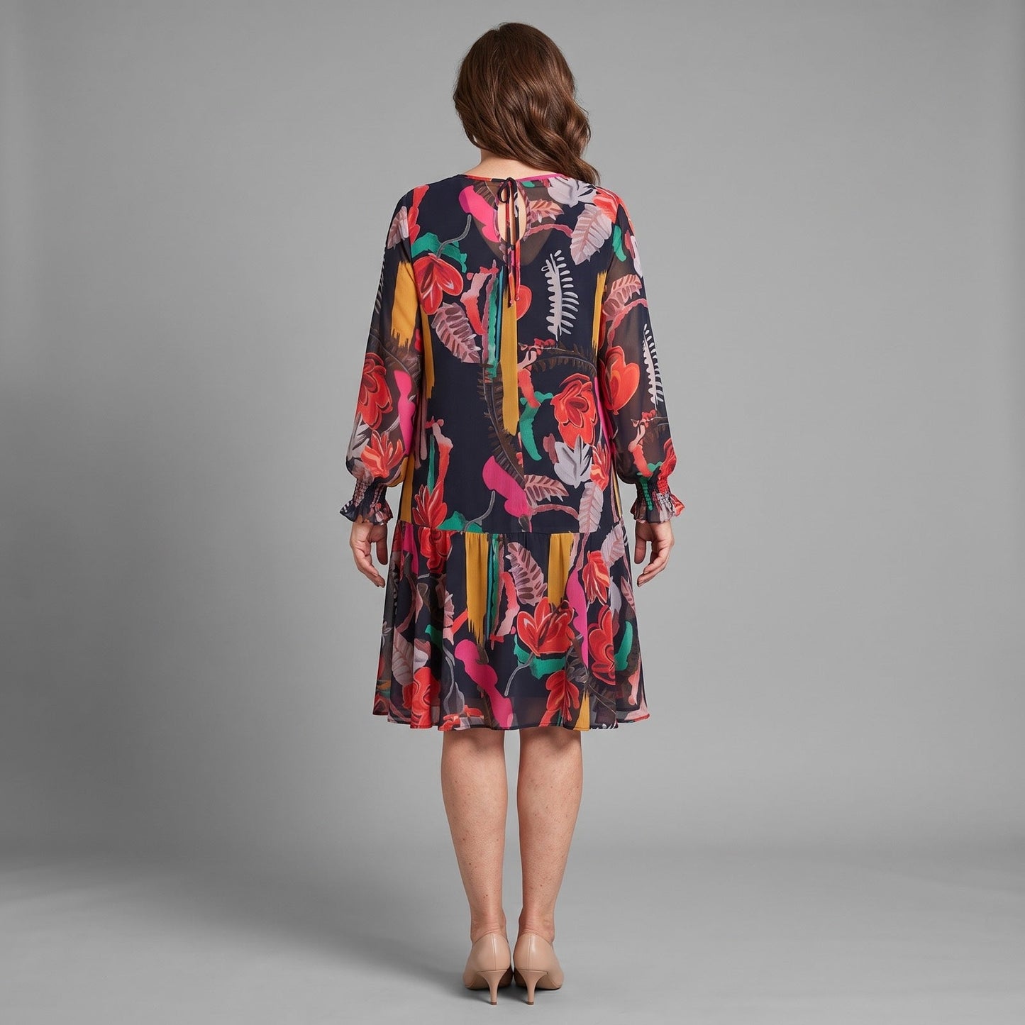 Margot™ Bold Floral Print Long-Sleeve Chiffon Midi Dress