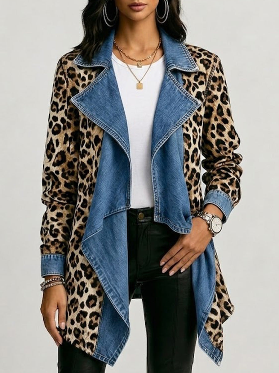 Sherilyn™ Leopard Print & Washed Denim Paneled Mid-Length Jacket