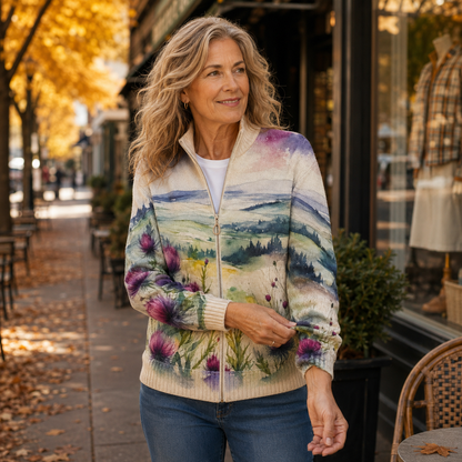 Zelda™ Scottish Thistle Landscape Zip Cardigan