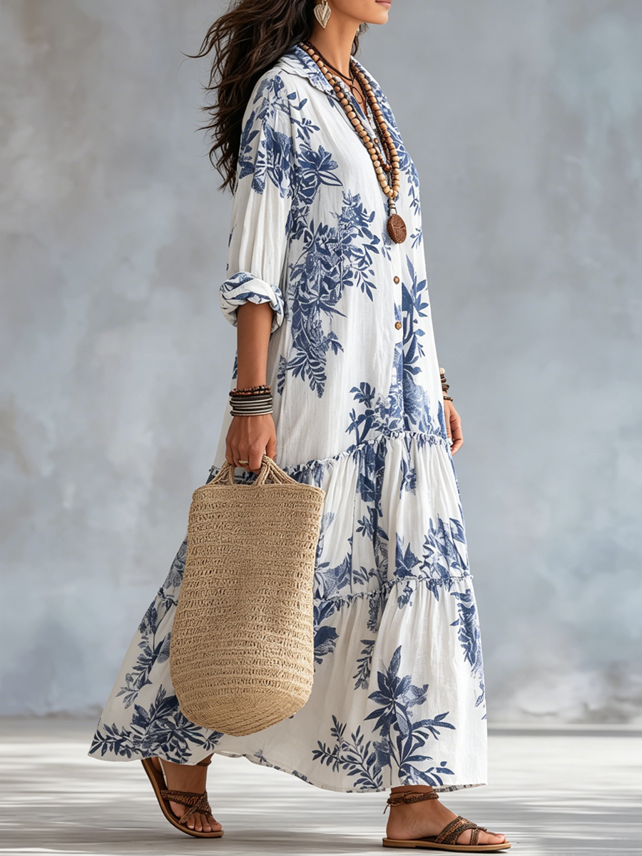 Dahlia™ Bohemian Blue Floral Button-Down Tiered Maxi Dress