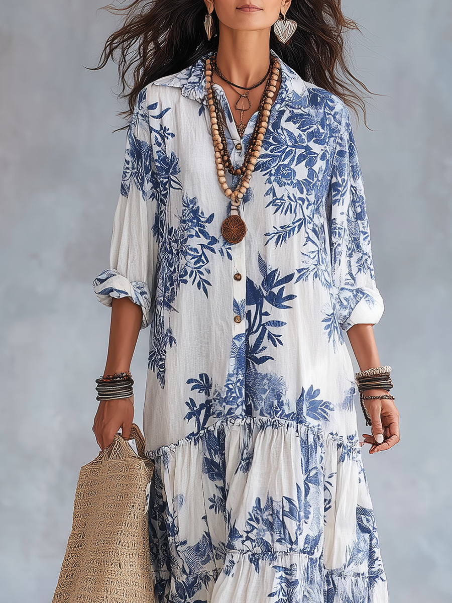 Dahlia™ Bohemian Blue Floral Button-Down Tiered Maxi Dress