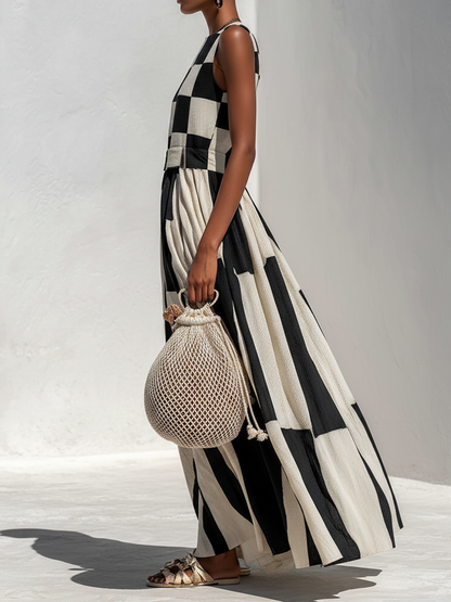 Ardenne™ Plaid and Stripe Paneling Sleeveless Maxi Dress