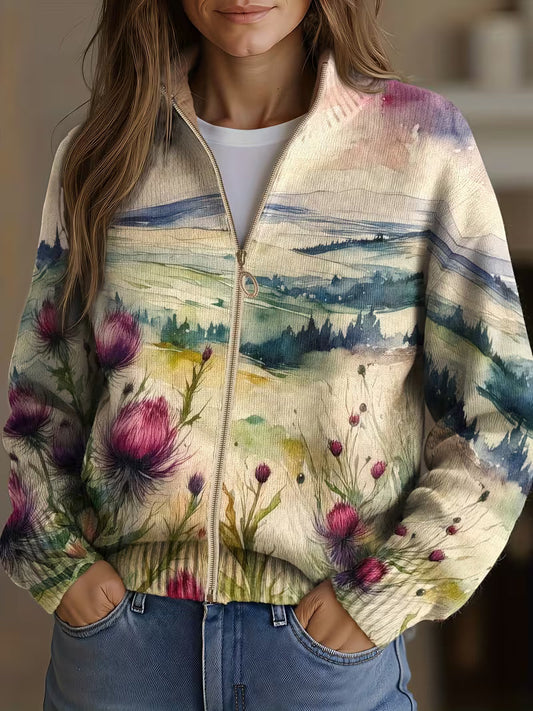 Zelda™ Scottish Thistle Landscape Zip Cardigan
