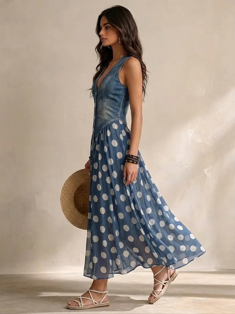 Dorothy™ | Denim & Dot Maxi Dress