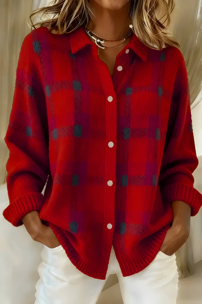 Anna™ Plaid Knit Cardigan - Red