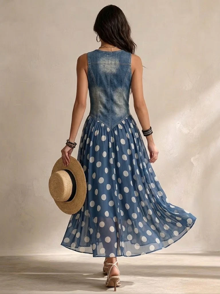 Dorothy™ | Denim & Dot Maxi Dress