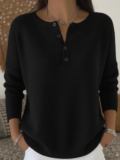 Helena Henley Button-Up Knit Sweater - Black