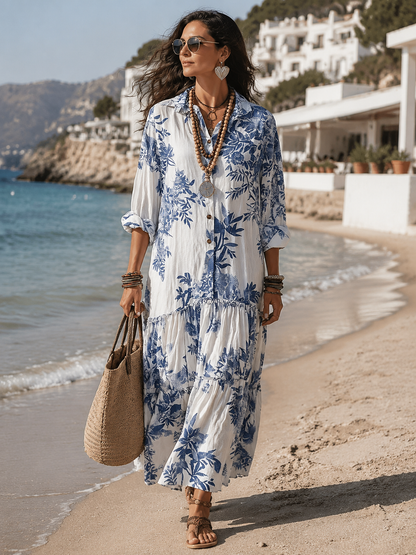 Dahlia™ Bohemian Blue Floral Button-Down Tiered Maxi Dress