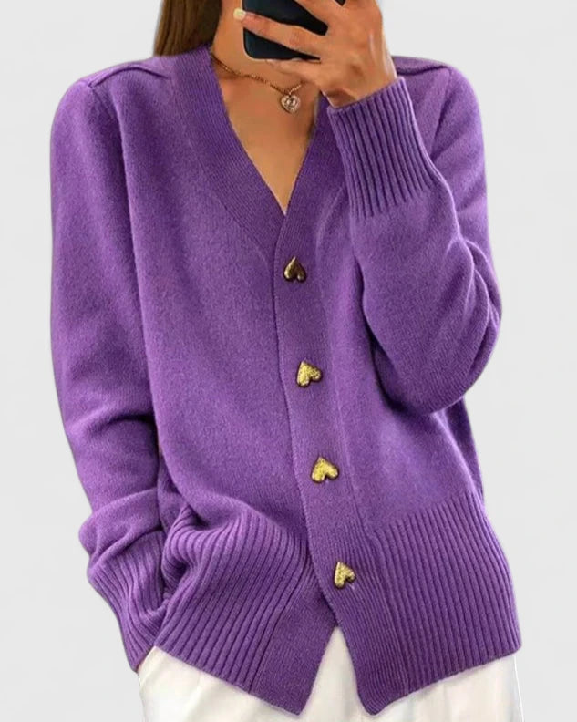 Chasie™ Elegant Button Heart Cardigan Purple
