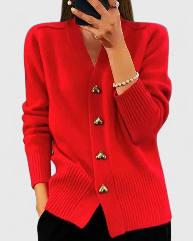 Chasie™ Elegant Button Heart Cardigan Red