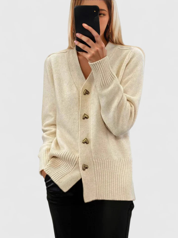 Chasie™ Elegant Button Heart Cardigan Beige