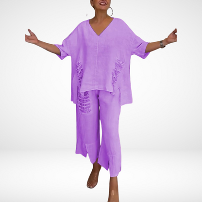 Briella™ Elegant Two-Piece Summer Set | V-Neck Top and Wide-Leg Pants