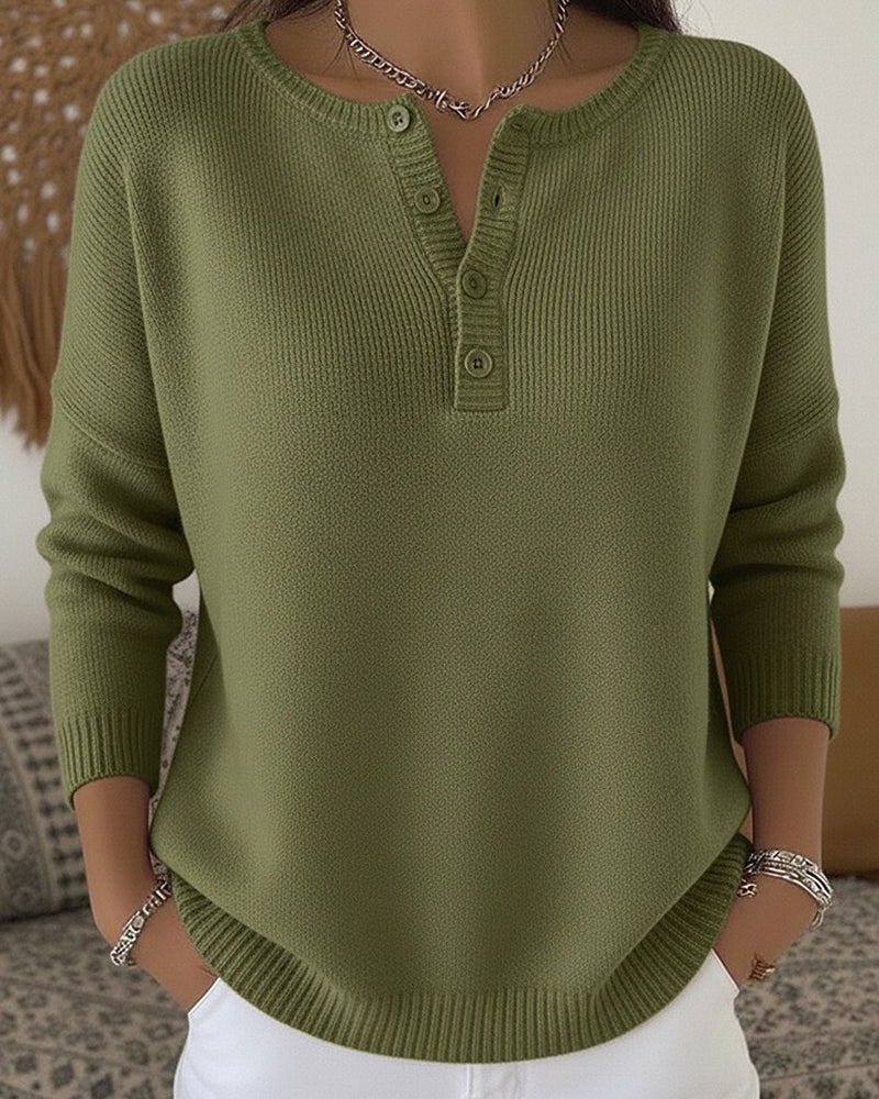 Helena Henley Button-Up Knit Sweater - Olive Green
