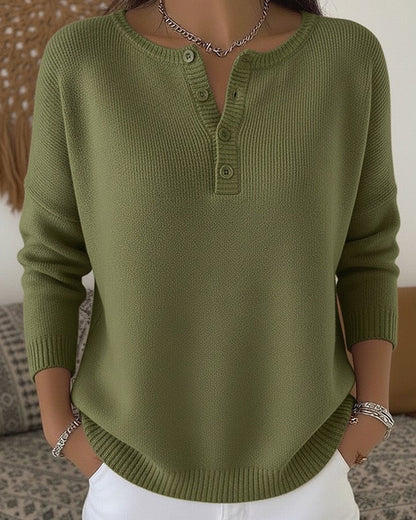 Helena Henley Button-Up Knit Sweater - Olive Green