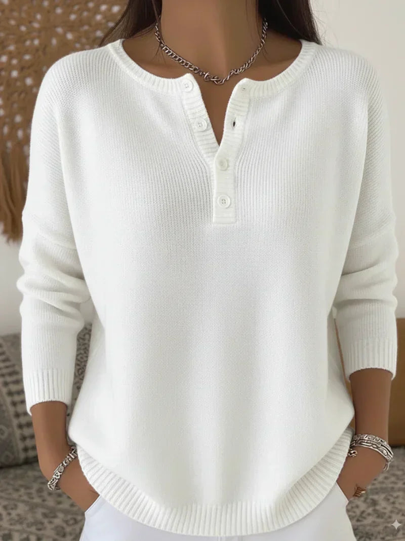 Helena Henley Button-Up Knit Sweater - White