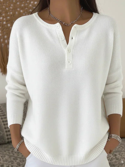 Helena Henley Button-Up Knit Sweater - White