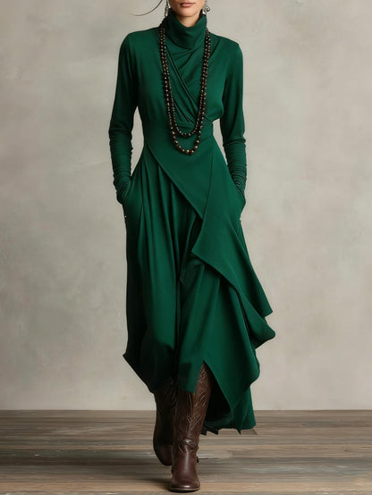 Arielle Vintage Asymmetrical Turtleneck Dress Green