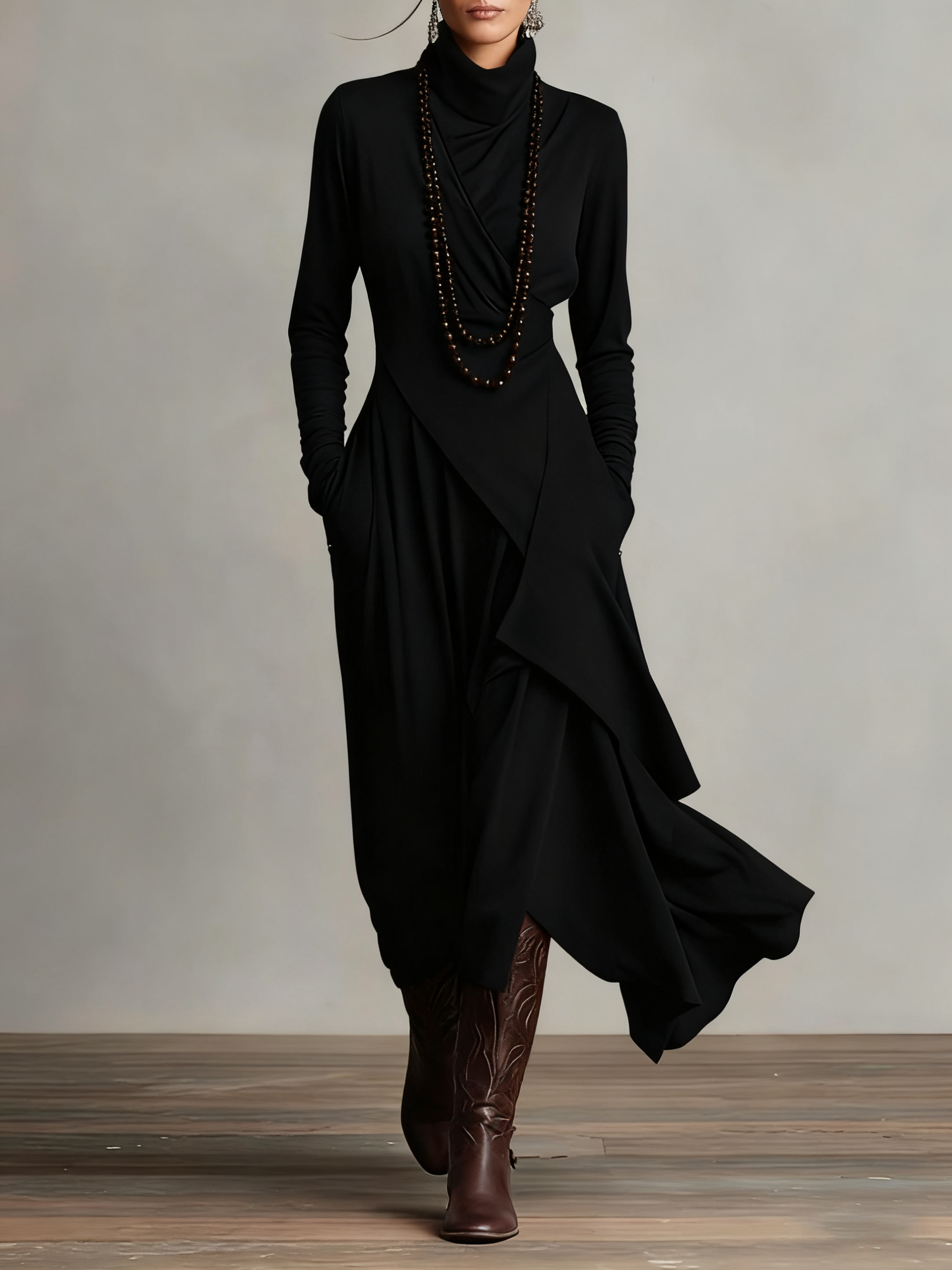 Arielle Vintage Asymmetrical Turtleneck Dress Black