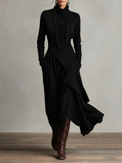 Arielle Vintage Asymmetrical Turtleneck Dress Black