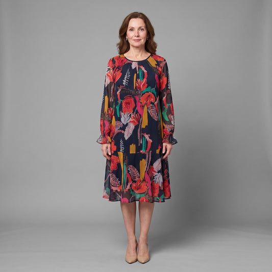 Margot™ Bold Floral Print Long-Sleeve Chiffon Midi Dress