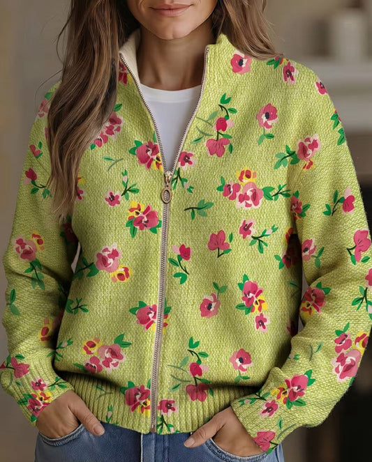 Constance™ Lime Floral Bomber Zip Cardigan