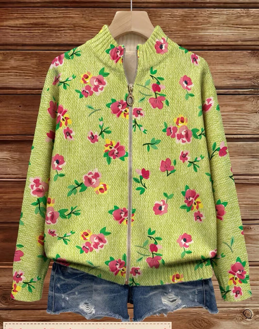 Constance™ Lime Floral Bomber Zip Cardigan