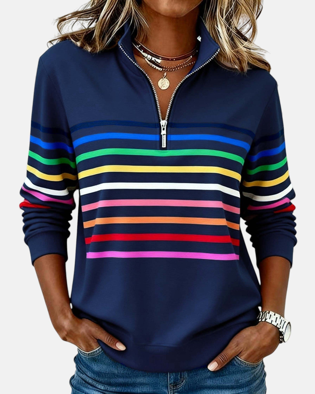Colette™ Rainbow Striped Zip Sweatshirt - Navy Blue