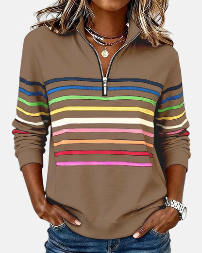 Colette™ Rainbow Striped Zip Sweatshirt - Khaki