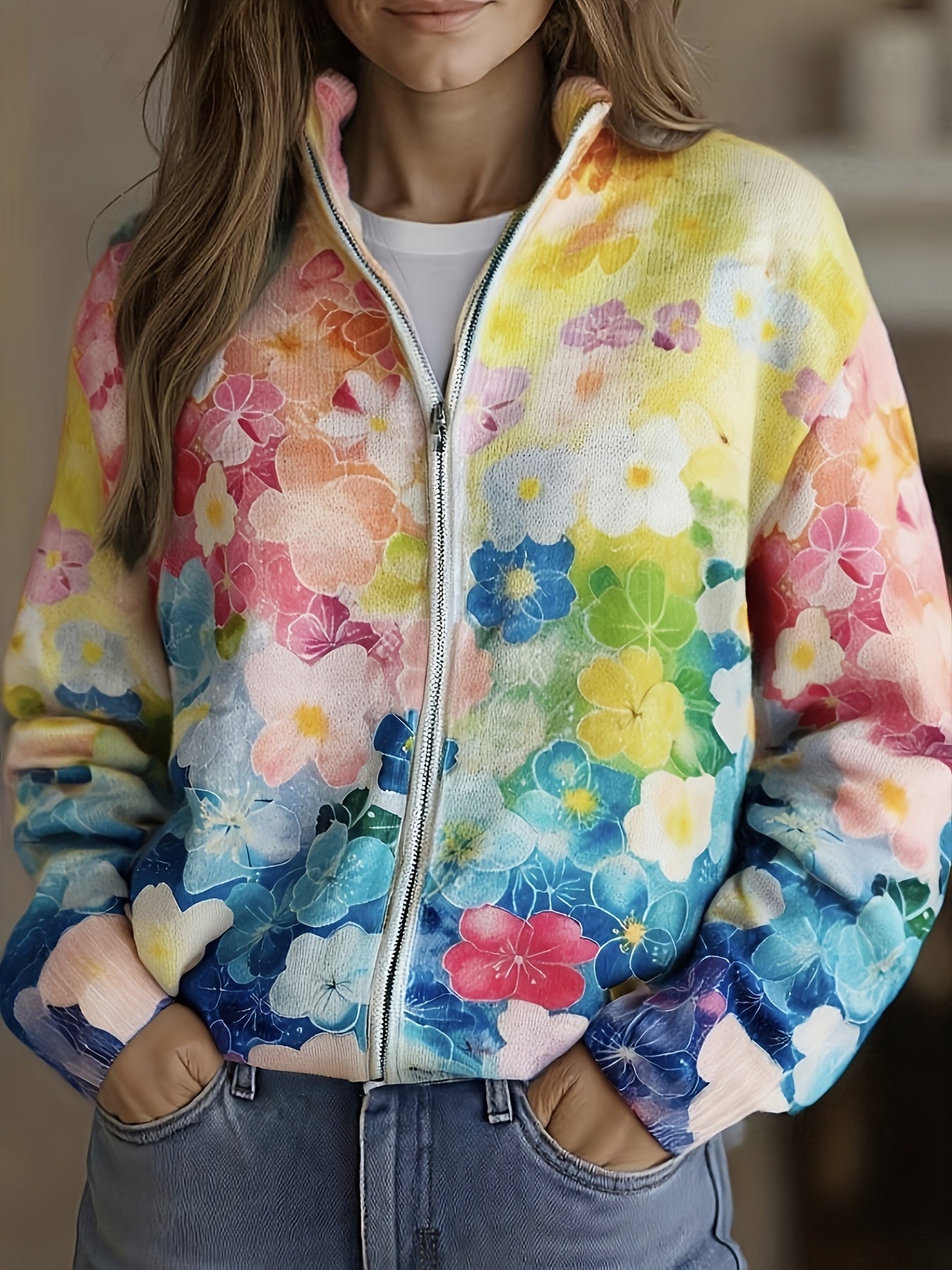 Augusta™ Ombre Watercolour Floral Zip Cardigan