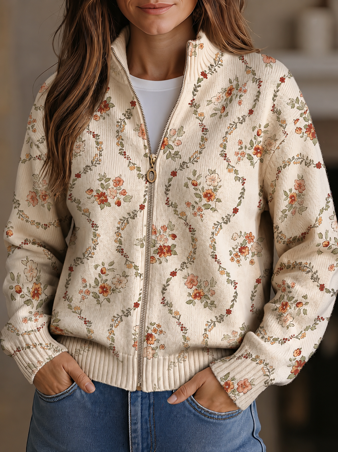 Persephone™ Delicate Floral Vine Zip Cardigan