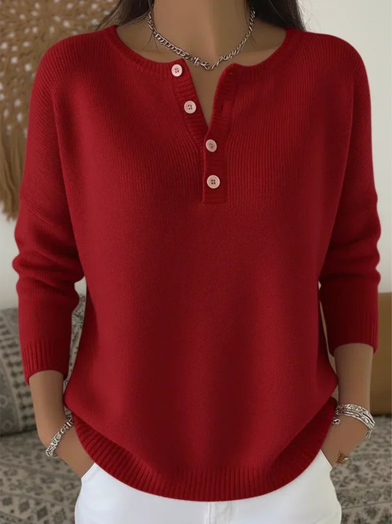 Helena Henley Button-Up Knit Sweater - Deep Red