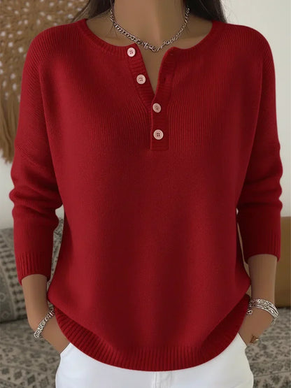 Helena Henley Button-Up Knit Sweater - Deep Red