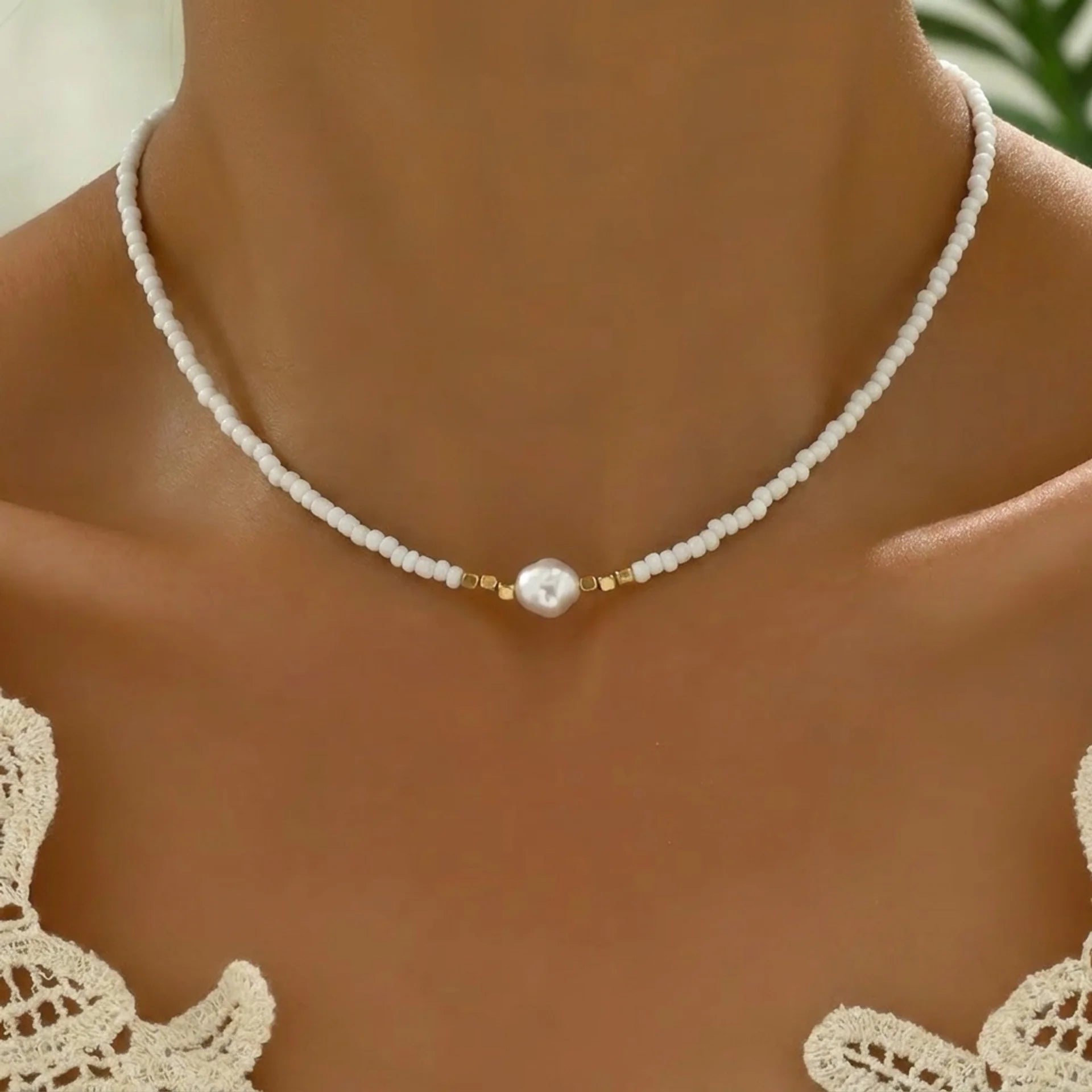 Minimal Turquoise and Pearl Necklace - White