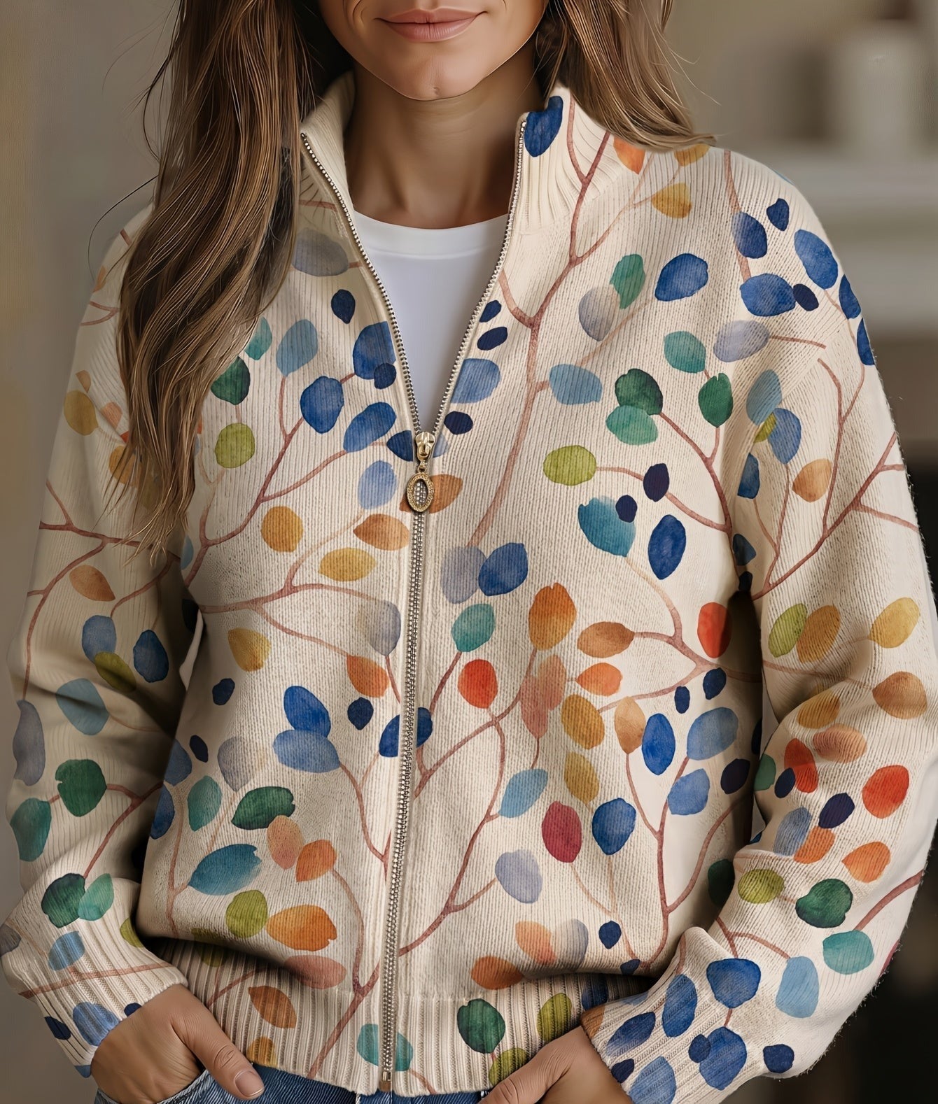 Imogene™ Botanical Leaf Print Zip Cardigan