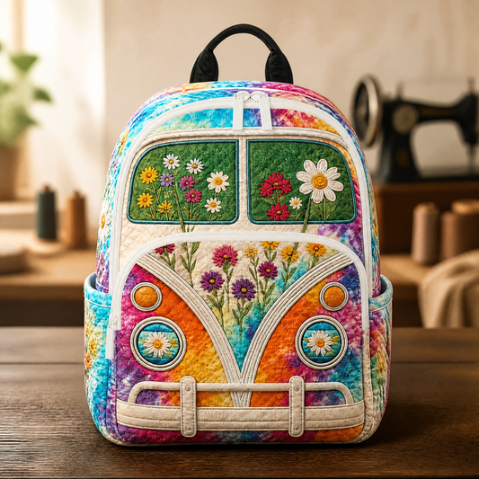 Hippie Camper Van Quilted Backpack