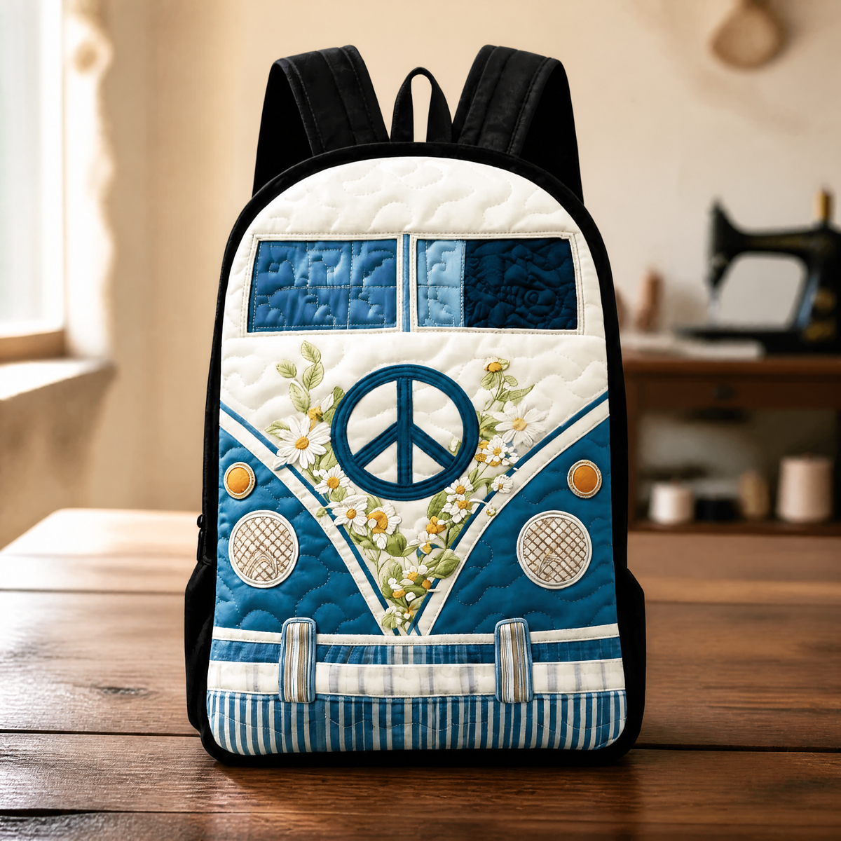 Retro Camper Quilted Backpack with Black Straps