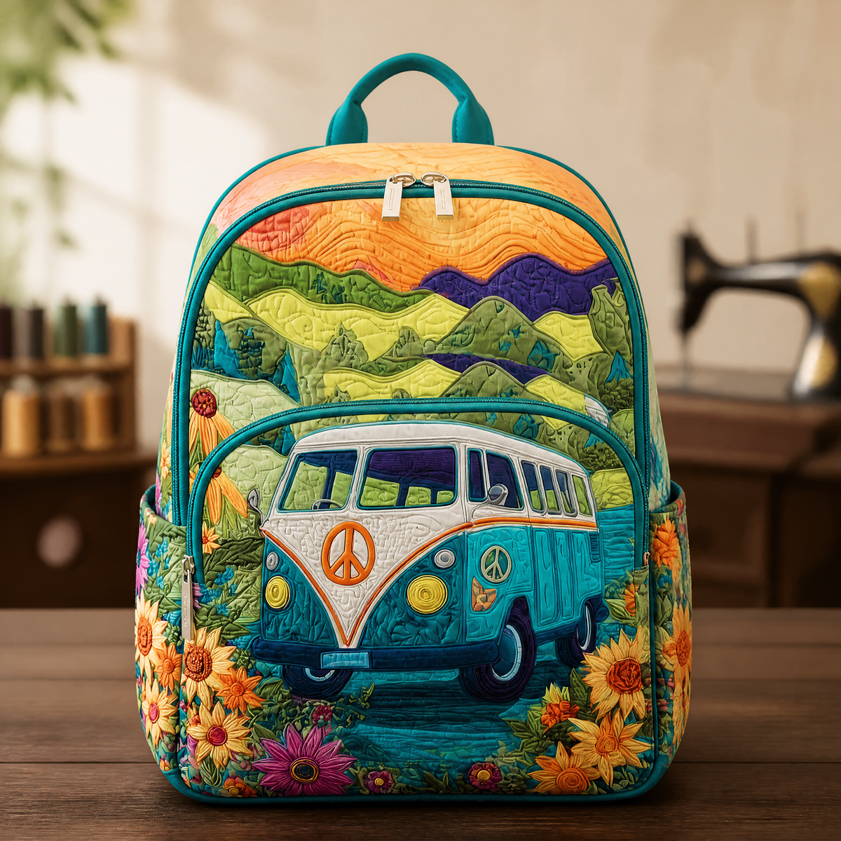 Sunflowers and Mountains Quilted Backpack
