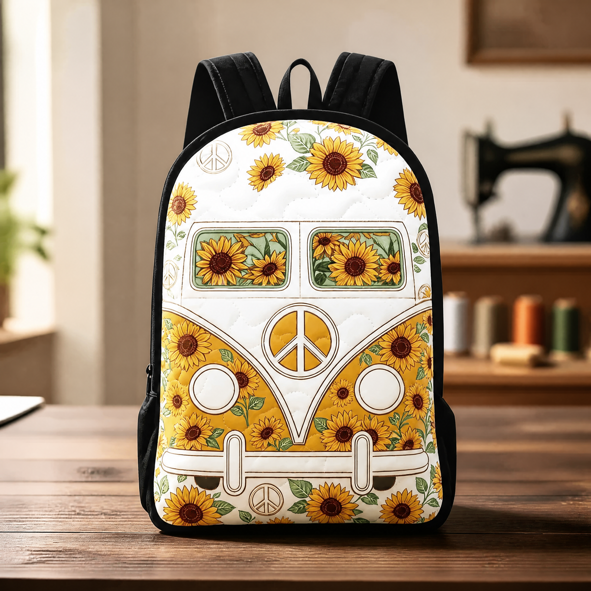 Hippie Van Quilted Backpack with Black Straps