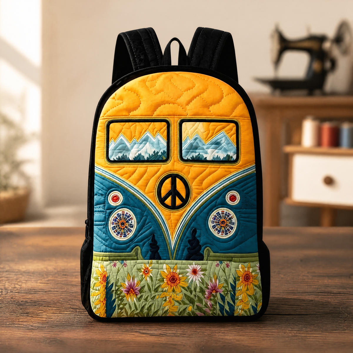 Vintage Camper Quilted Backpack with Black Straps