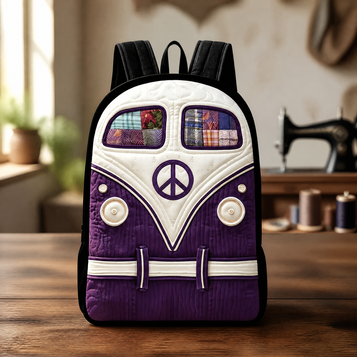 Purple Hippie Quilted Backpack with Black Straps