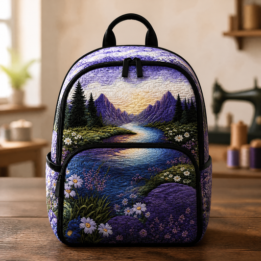 Purple Flowers and Mountains Quilted Backpack
