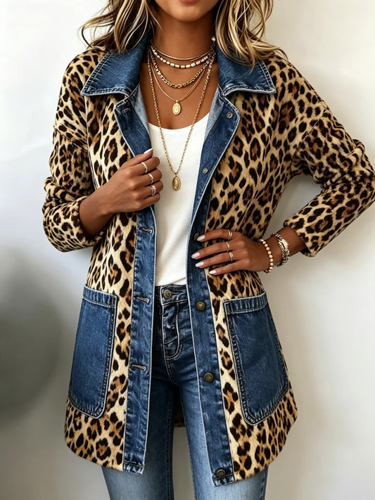 Fablenne™ Leopard Print Denim Panel Contrast Longline Jacket