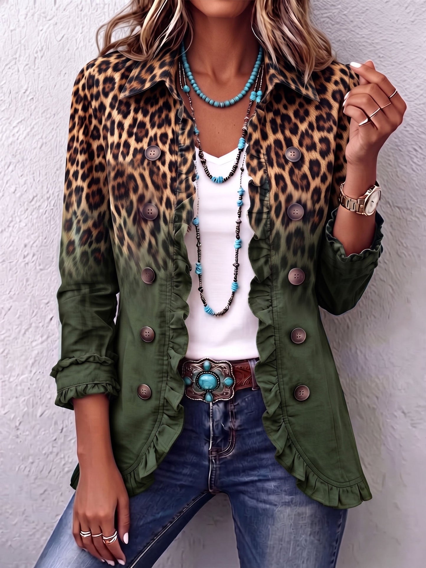 Elspeth™ Leopard Ombre Ruffle Blazer Jacket