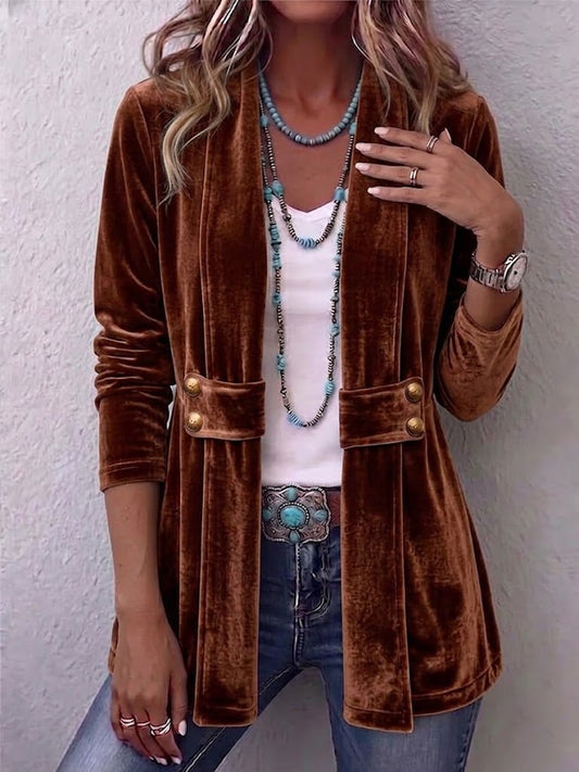 Holliwell™ Vintage Lapel Button-Accent Long Sleeve Open Front Jacket