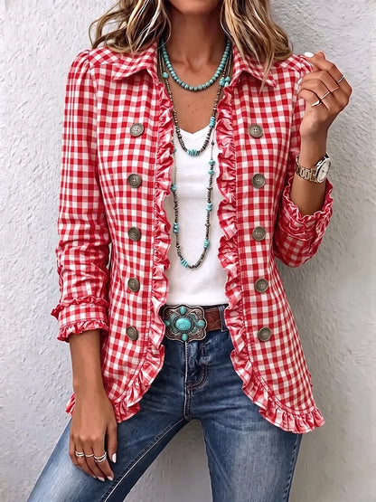 Charlene™ Gingham Ruffled Button-Down Jacket