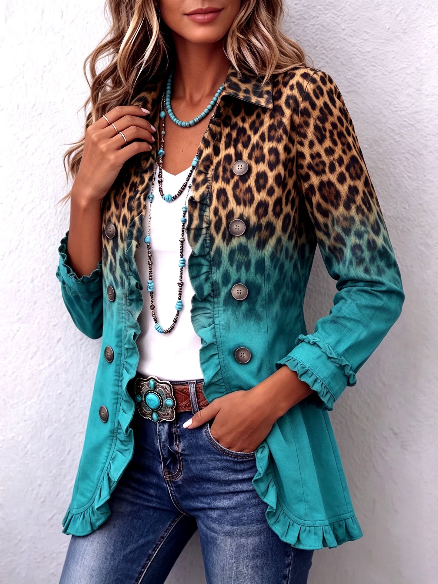 Elspeth™ Leopard Ombre Ruffle Blazer Jacket - Wine